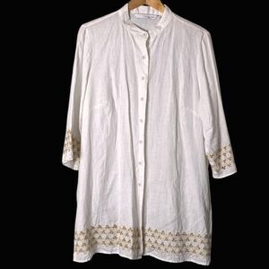 Lucy & Laurel Woman White Linen Embroidered Button Down Tunic Cover-up Size 1X